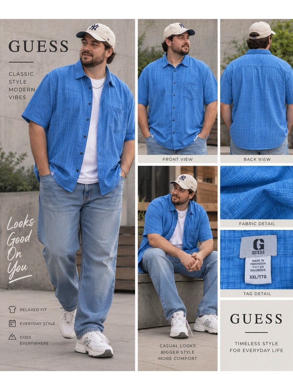 Guess Men’s XXL Blue Micro Plaid Shirt NWT Y2K Dadcore Preppy Button-Up